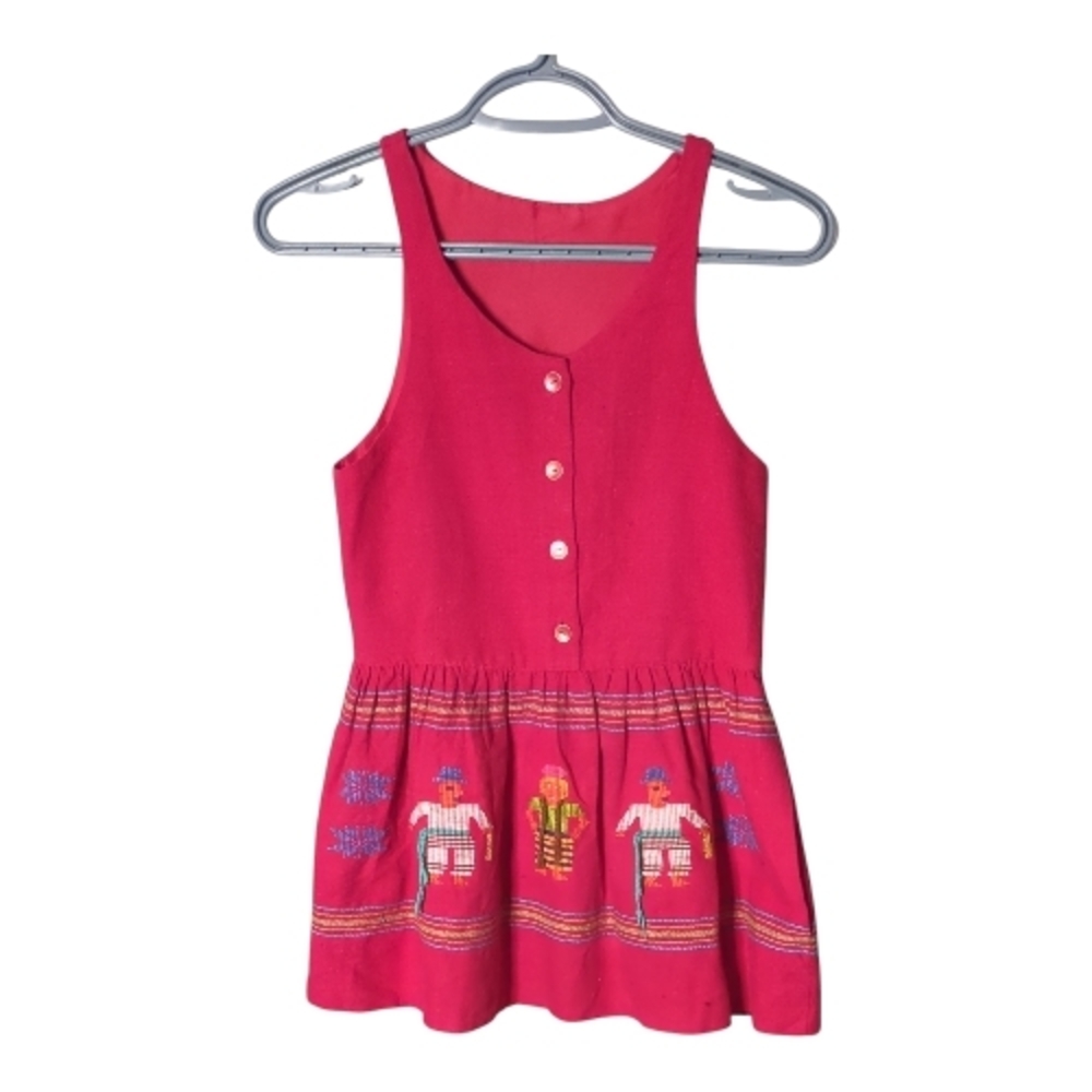 Handmade Linen Blend Girls' Dress Embroidered Red Button Down Size 10